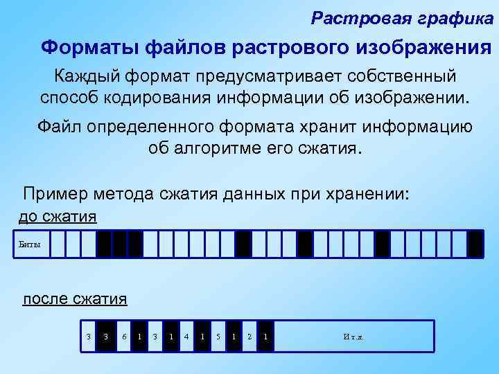 Растровая графика Форматы файлов растрового изображения Каждый формат предусматривает собственный способ кодирования информации об