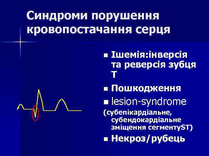 Синдроми порушення кровопостачання серця Ішемія: інверсія та реверсія зубця Т n Пошкодження n n