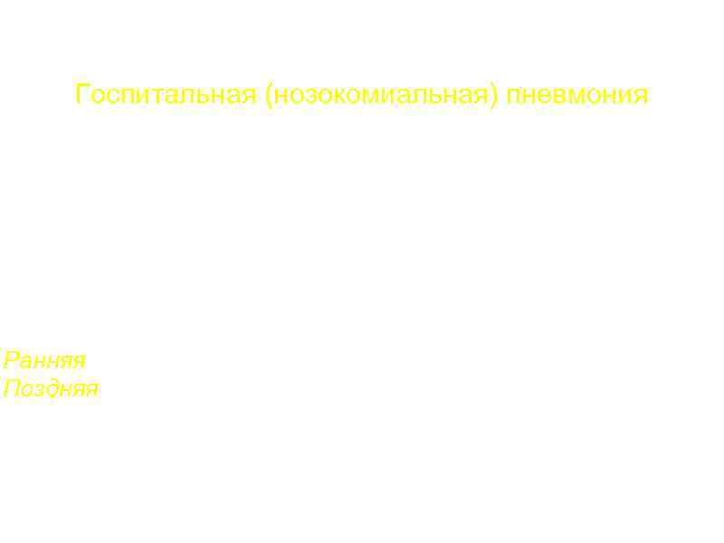 Госпитальная (нозокомиальная) пневмония Пневмония, развивающаяся через 48 и более часов после госпитализации (при условии