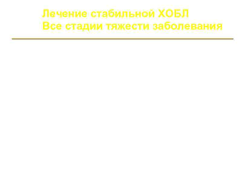 Лечение стабильной ХОБЛ Все стадии тяжести заболевания a. Устранение факторов риска b. Противогриппозная вакцинация