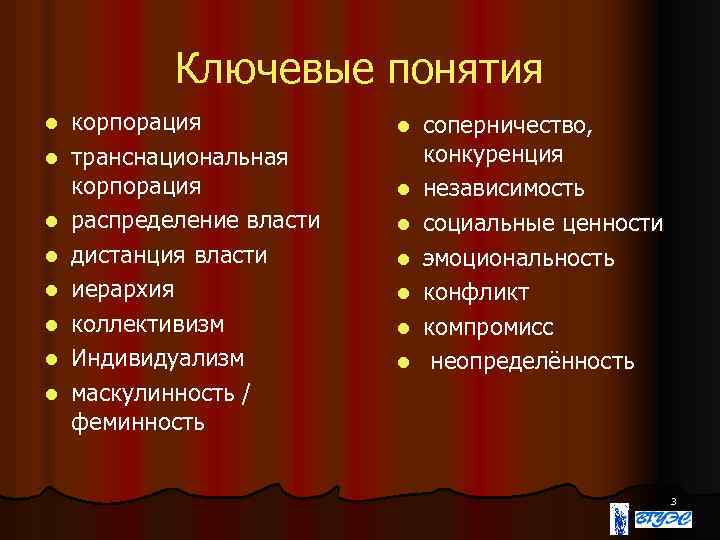 Ключевые понятия l l l l корпорация транснациональная корпорация распределение власти дистанция власти иерархия