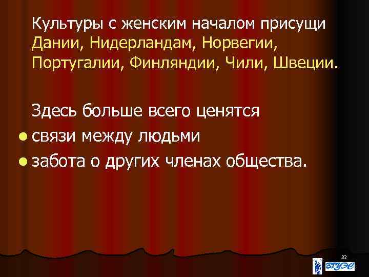 Культуры с женским началом присущи Дании, Нидерландам, Норвегии, Португалии, Финляндии, Чили, Швеции. Здесь больше