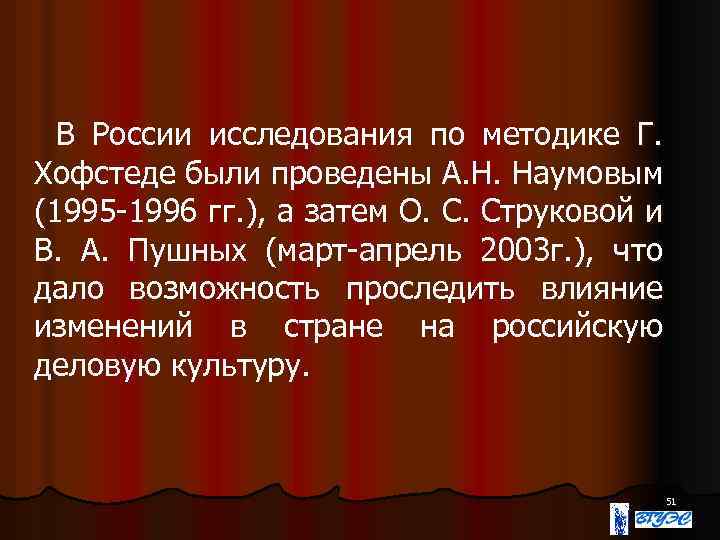 В России исследования по методике Г. Хофстеде были проведены А. Н. Наумовым (1995 -1996