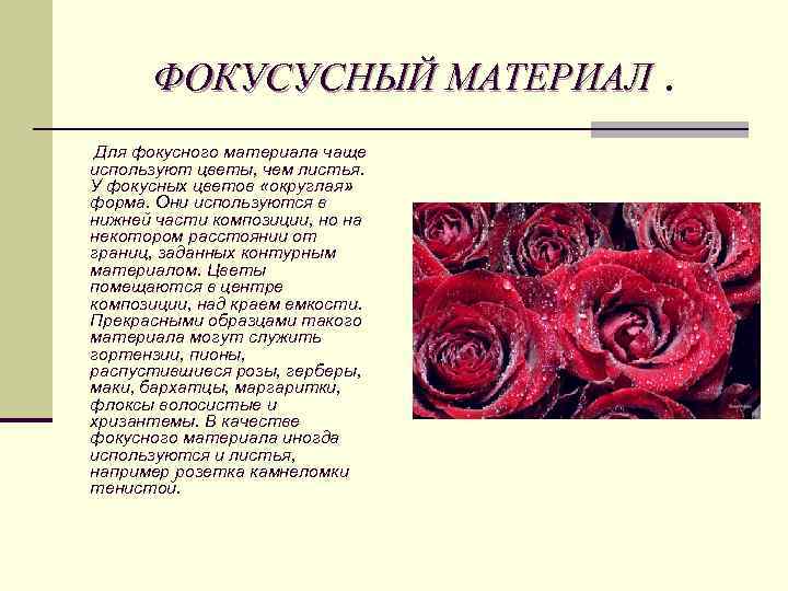 ФОКУСУСНЫЙ МАТЕРИАЛ. Для фокусного материала чаще используют цветы, чем листья. У фокусных цветов «округлая»