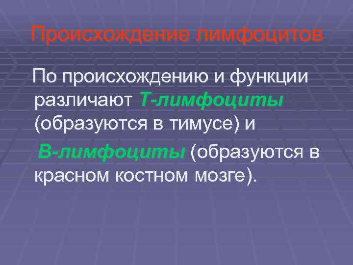 Происхождение лимфоцитов По происхождению и функции различают Т-лимфоциты (образуются в тимусе) и В-лимфоциты (образуются