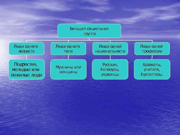 Большая социальная группа Люди одного возраста Люди одного пола Люди одной национальности Люди одной
