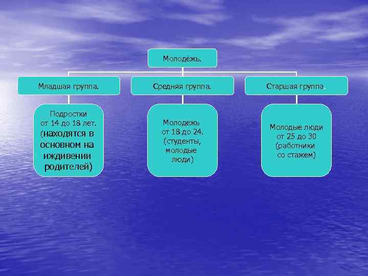 Молодёжь. Младшая группа. Подростки от 14 до 18 лет. (находятся в основном на иждивении