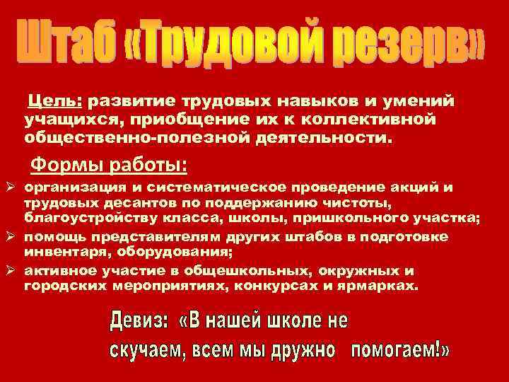 Цель: развитие трудовых навыков и умений учащихся, приобщение их к коллективной общественно-полезной деятельности. Формы