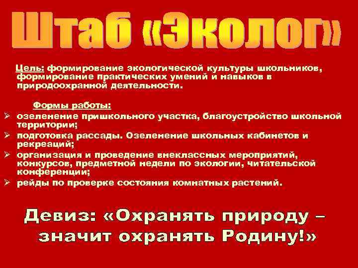 Цель: формирование экологической культуры школьников, формирование практических умений и навыков в природоохранной деятельности. Ø