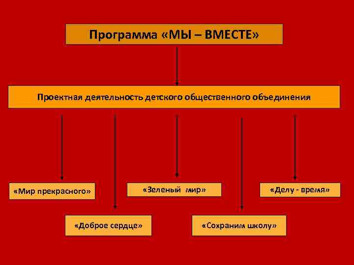 Программа «МЫ – ВМЕСТЕ» Проектная деятельность детского общественного объединения «Мир прекрасного» «Доброе сердце» «Зеленый