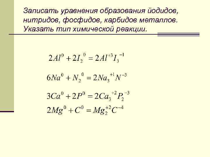 Записать уравнения образования йодидов, нитридов, фосфидов, карбидов металлов. Указать тип химической реакции. 
