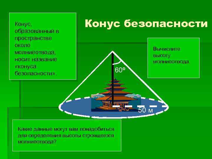 Конус, образованный в пространстве около молниеотвода, носит название «конуса безопасности» . Конус безопасности Вычислите