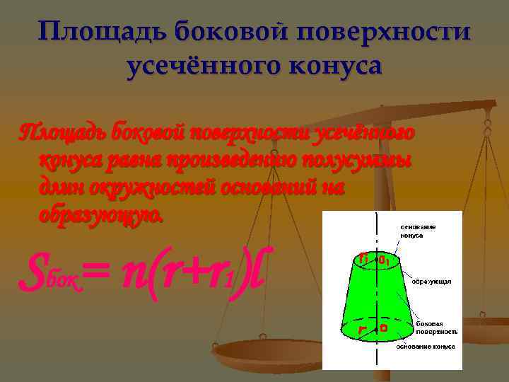 Площадь боковой поверхности усечённого конуса равна произведению полусуммы длин окружностей оснований на образующую. Sбок=
