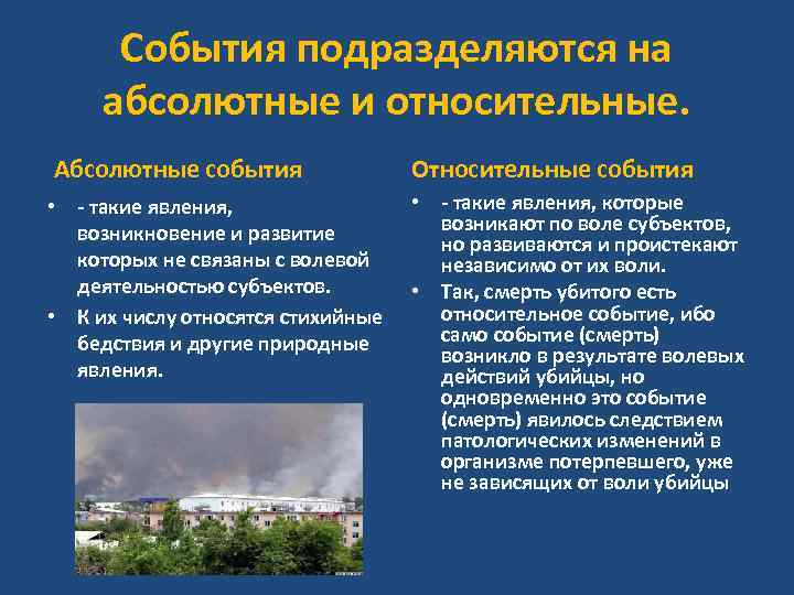 События подразделяются на абсолютные и относительные. Абсолютные события Относительные события • - такие явления,
