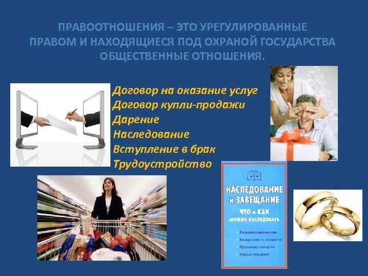ПРАВООТНОШЕНИЯ – ЭТО УРЕГУЛИРОВАННЫЕ ПРАВОМ И НАХОДЯЩИЕСЯ ПОД ОХРАНОЙ ГОСУДАРСТВА ОБЩЕСТВЕННЫЕ ОТНОШЕНИЯ. Договор на