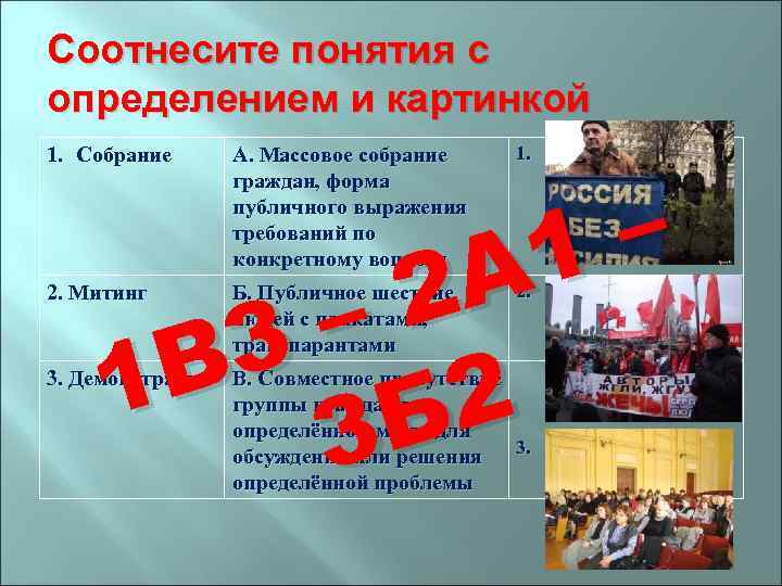 Соотнесите понятия с определением и картинкой 1. Собрание А. Массовое собрание граждан, форма публичного