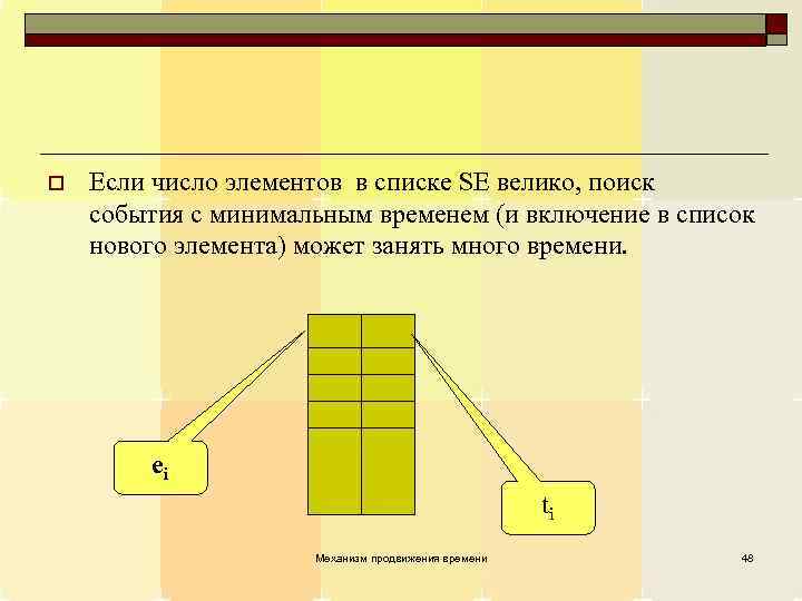 o Если число элементов в списке SE велико, поиск события с минимальным временем (и