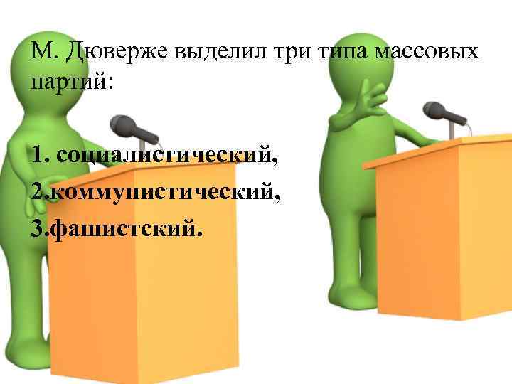 М. Дюверже выделил три типа массовых партий: 1. социалистический, 2. коммунистический, 3. фашистский. 