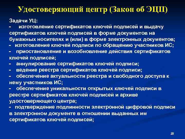 Удостоверяющий центр (Закон об ЭЦП) Задачи УЦ: - изготовление сертификатов ключей подписей и выдачу