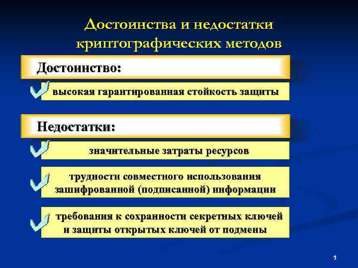 Достоинства и недостатки криптографических методов Достоинство: высокая гарантированная стойкость защиты Недостатки: значительные затраты ресурсов