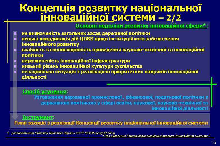 Концепція розвитку національної інноваційної системи – 2/2 Основні недоліки розвитку інноваційної сфери*: сфери* n