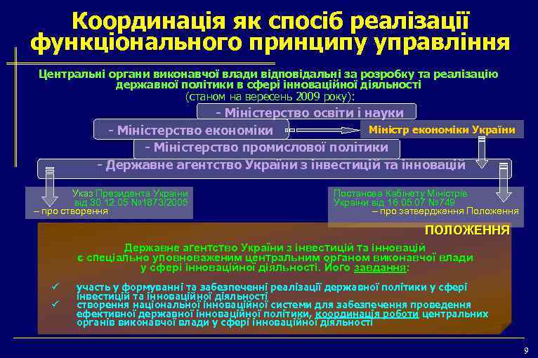 Координація як спосіб реалізації функціонального принципу управління Центральні органи виконавчої влади відповідальні за розробку