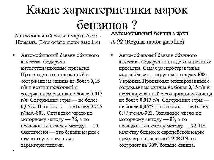 Какие характеристики марок бензинов ? Автомобильный бензин марки А-80 - Нормаль. (Low octane motor