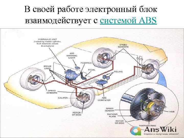 В своей работе электронный блок взаимодействует с системой ABS 