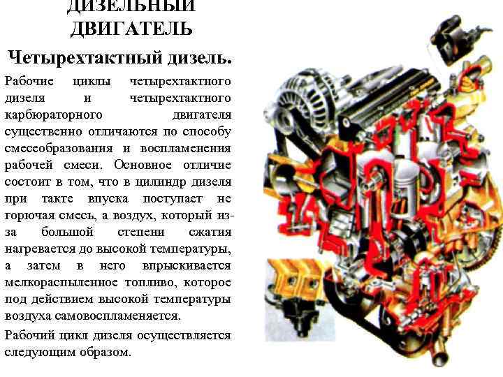 ДИЗЕЛЬНЫЙ ДВИГАТЕЛЬ Четырехтактный дизель. Рабочие циклы четырехтактного дизеля и четырехтактного карбюраторного двигателя существенно отличаются