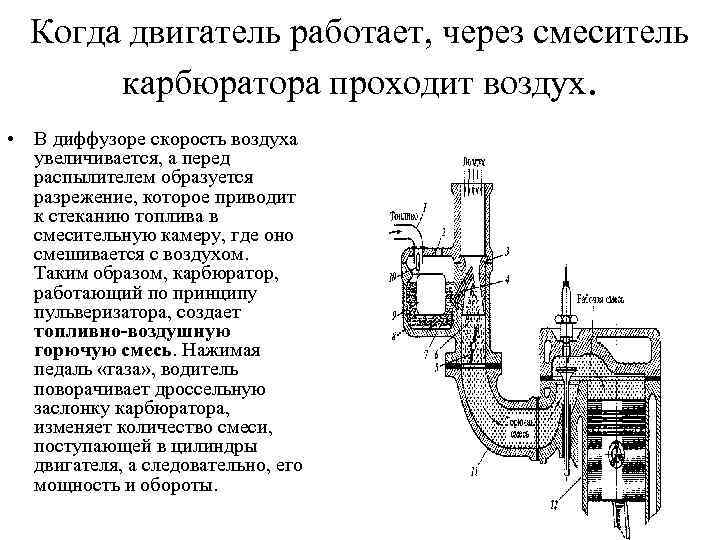 Когда двигатель работает, через смеситель карбюратора проходит воздух. • В диффузоре скорость воздуха увеличивается,