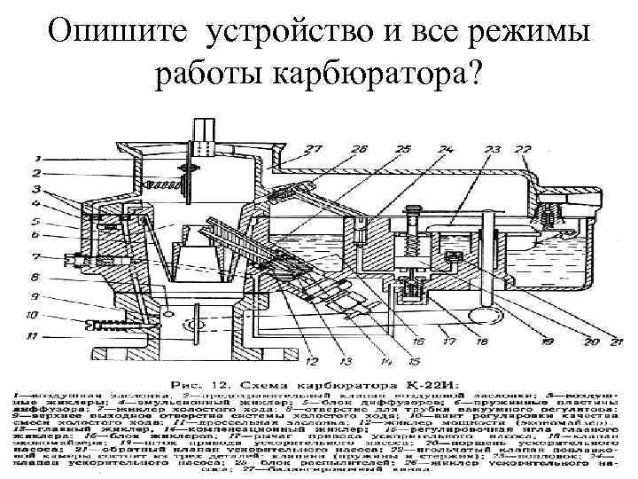 Опишите устройство и все режимы работы карбюратора? 