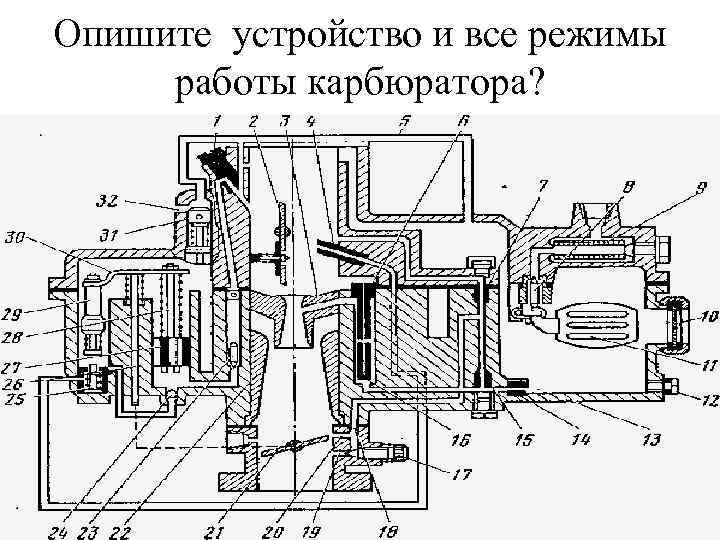 Опишите устройство и все режимы работы карбюратора? 