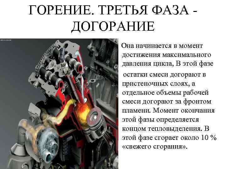 ГОРЕНИЕ. ТРЕТЬЯ ФАЗА ДОГОРАНИЕ Она начинается в момент достижения максимального давления цикла, В этой