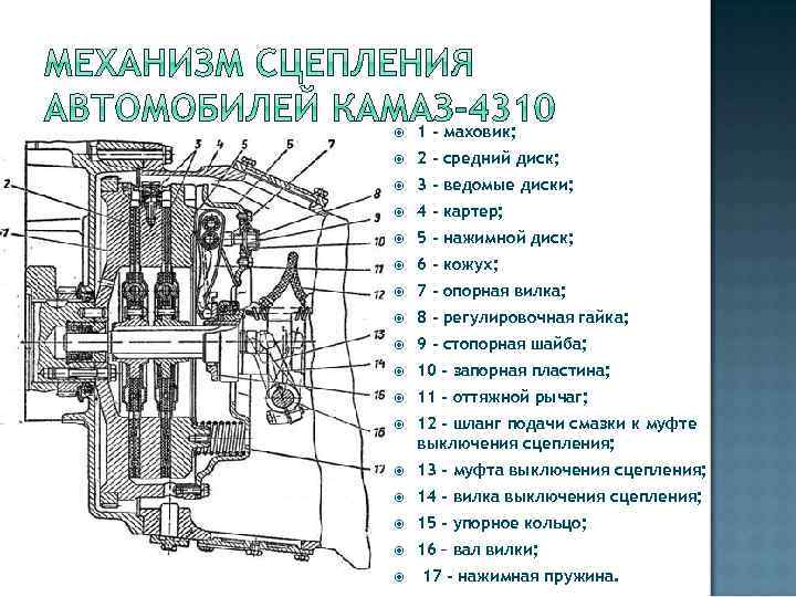  1 - маховик; 2 - средний диск; 3 - ведомые диски; 4 -