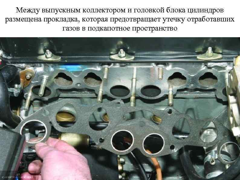 Между выпускным коллектором и головкой блока цилиндров размещена прокладка, которая предотвращает утечку отработавших газов