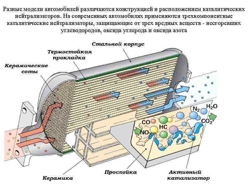 Разные модели автомобилей различаются конструкцией и расположением каталитических нейтрализаторов. На современных автомобилях применяются трехкомпонентные