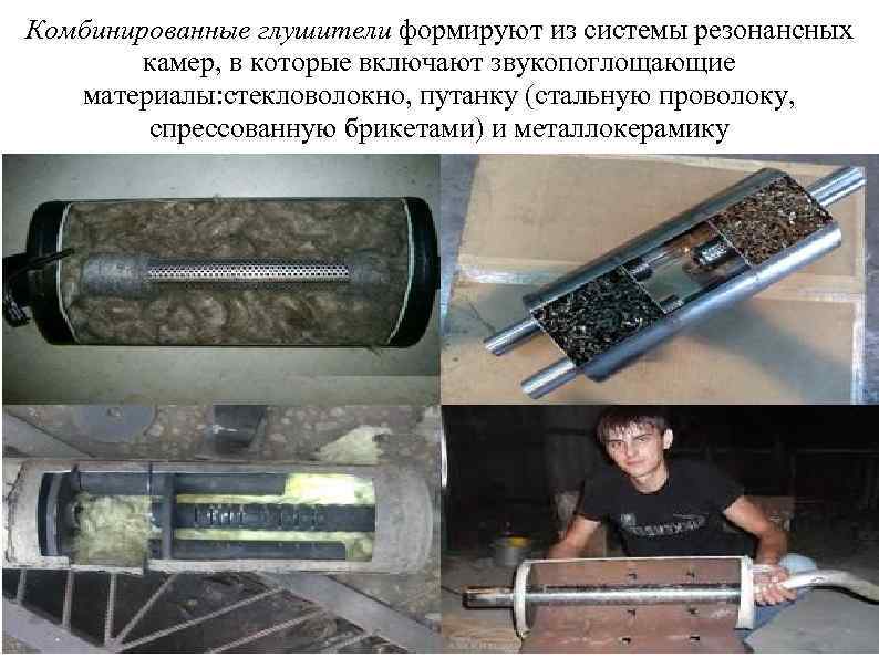 Комбинированные глушители формируют из системы резонансных камер, в которые включают звукопоглощающие материалы: стекловолокно, путанку
