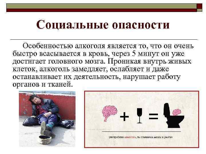 Социальные опасности Особенностью алкоголя является то, что он очень быстро всасывается в кровь, через