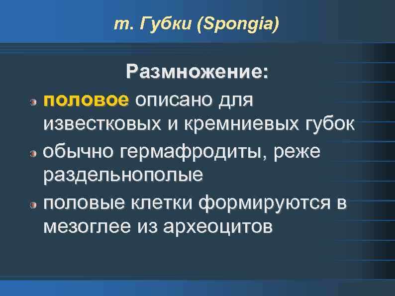 т. Губки (Spongia) Размножение: половое описано для известковых и кремниевых губок обычно гермафродиты, реже