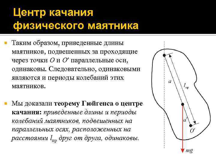 Центр качания физического маятника Таким образом, приведенные длины маятников, подвешенных за проходящие через точки