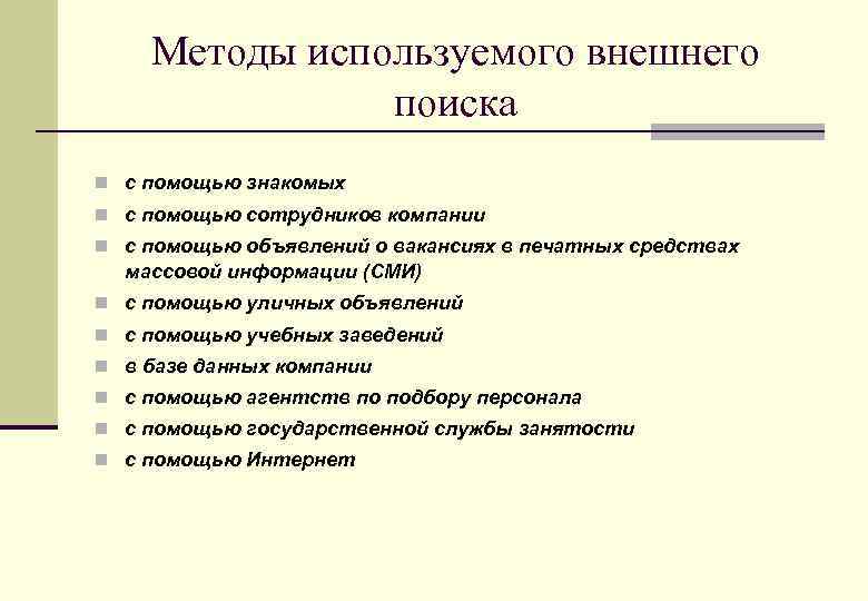 Методы используемого внешнего поиска n с помощью знакомых n с помощью сотрудников компании n