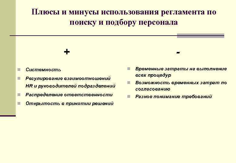 Плюсы и минусы использования регламента по поиску и подбору персонала + n Системность n