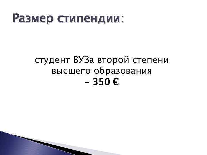 Размер стипендии: студент ВУЗа второй степени высшего образования - 350 € 