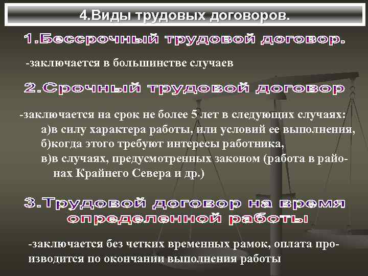 4. Виды трудовых договоров. -заключается в большинстве случаев -заключается на срок не более 5