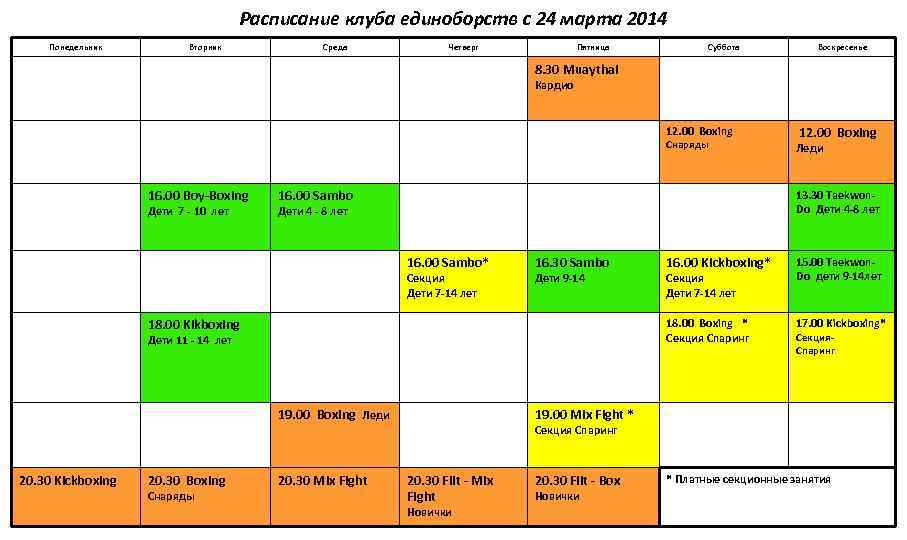 Расписание клуба единоборств с 24 марта 2014 Понедельник Вторник Среда Четверг Пятница Суббота Воскресенье