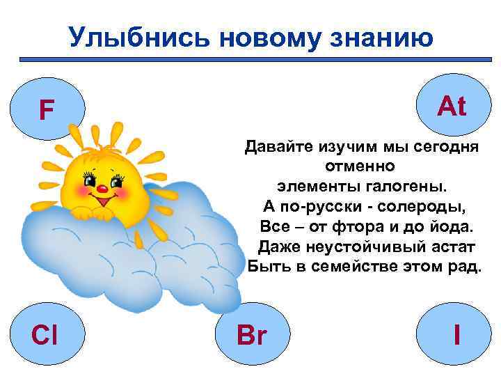 Улыбнись новому знанию At F Давайте изучим мы сегодня отменно элементы галогены. А по-русски