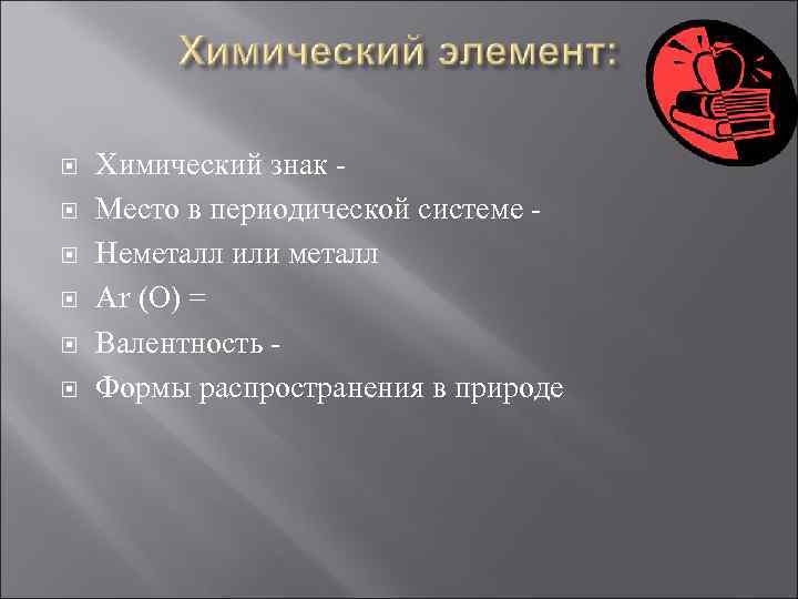  Химический знак Место в периодической системе Неметалл или металл Аr (О) = Валентность