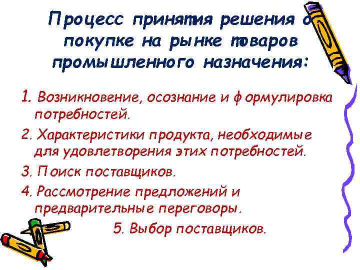 Процесс принятия решения о покупке на рынке товаров промышленного назначения: 1. Возникновение, осознание и