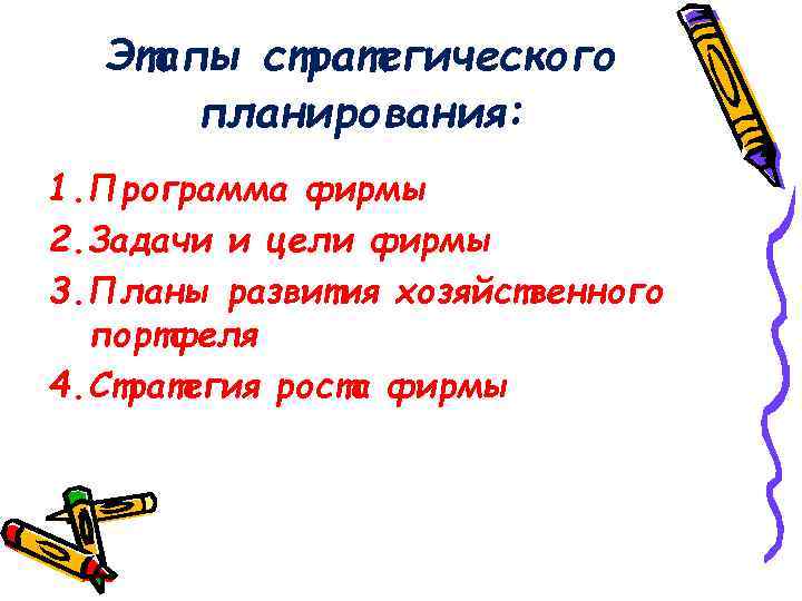 Этапы стратегического планирования: 1. Программа фирмы 2. Задачи и цели фирмы 3. Планы развития