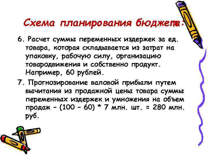 Схема планирования бюджета: 6. Расчет суммы переменных издержек за ед. товара, которая складывается из